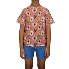 Flower Pink Brown Pattern Floral Kids  Short Sleeve Swimwear by anzea