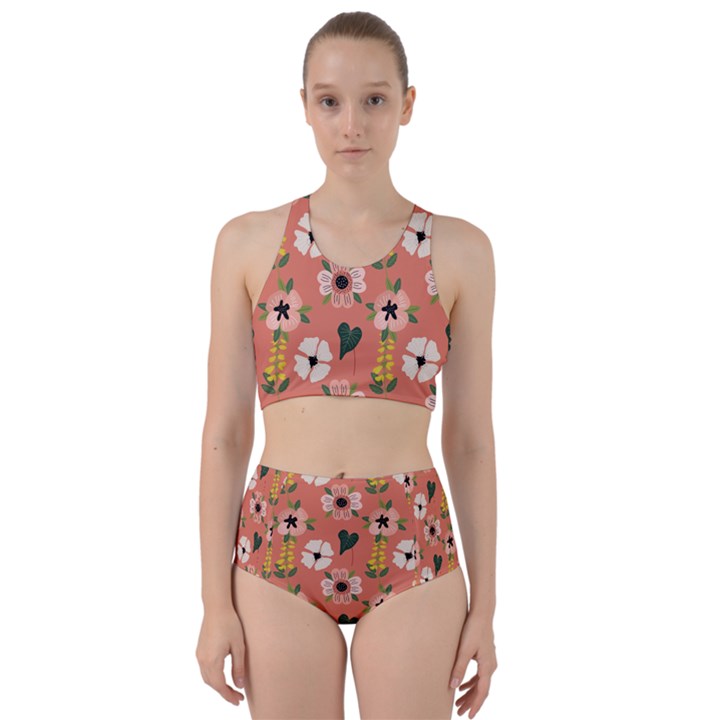 Flower Pink Brown Pattern Floral Racer Back Bikini Set