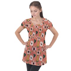 Flower Pink Brown Pattern Floral Puff Sleeve Tunic Top by anzea