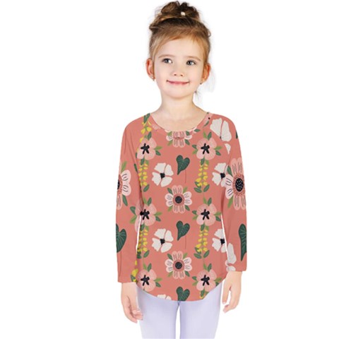 Flower Pink Brown Pattern Floral Kids  Long Sleeve T-shirt by anzea