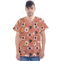 Flower Pink Brown Pattern Floral Men s V-neck Scrub Top