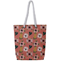 Flower Pink Brown Pattern Floral Full Print Rope Handle Tote (small) by anzea