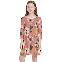 Flower Pink Brown Pattern Floral Kids  Quarter Sleeve Skater Dress