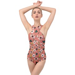 Flower Pink Brown Pattern Floral Cross Front Low Back Swimsuit by anzea