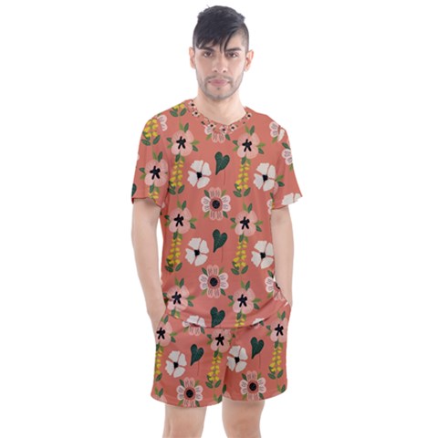 Flower Pink Brown Pattern Floral Men s Mesh T-shirt And Shorts Set by anzea