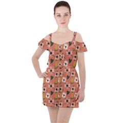 Flower Pink Brown Pattern Floral Ruffle Cut Out Chiffon Playsuit by anzea