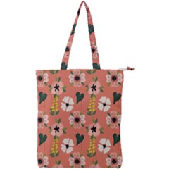 Flower Pink Brown Pattern Floral Double Zip Up Tote Bag