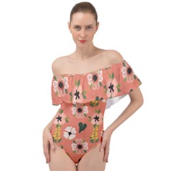 Flower Pink Brown Pattern Floral Off Shoulder Velour Bodysuit  by anzea