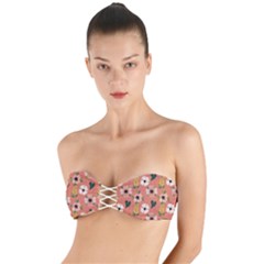 Flower Pink Brown Pattern Floral Twist Bandeau Bikini Top