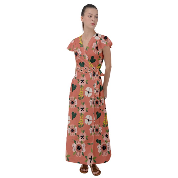 Flower Pink Brown Pattern Floral Flutter Sleeve Maxi Dress