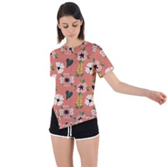 Flower Pink Brown Pattern Floral Asymmetrical Short Sleeve Sports T-shirt