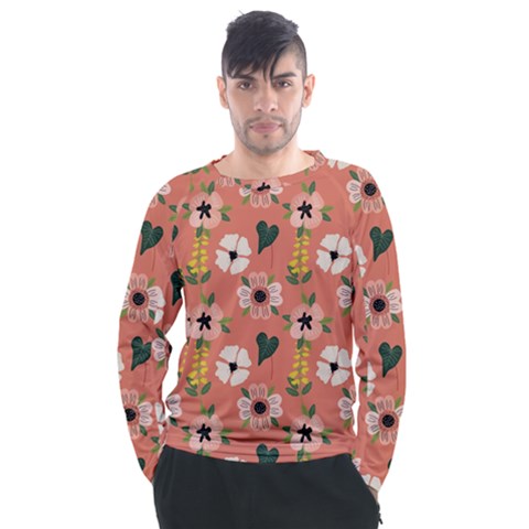 Flower Pink Brown Pattern Floral Men s Long Sleeve Raglan T-shirt by anzea