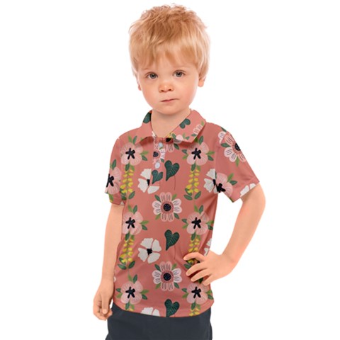 Flower Pink Brown Pattern Floral Kids  Polo T-shirt by anzea