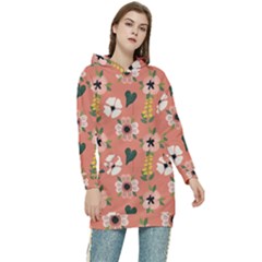 Flower Pink Brown Pattern Floral Women s Long Oversized Pullover Hoodie