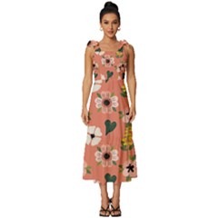 Flower Pink Brown Pattern Floral Tie-strap Tiered Midi Chiffon Dress by anzea