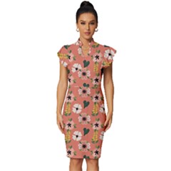 Flower Pink Brown Pattern Floral Vintage Frill Sleeve V-neck Bodycon Dress by anzea