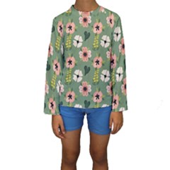 Flower Green Pink Pattern Floral Kids  Long Sleeve Swimwear by anzea