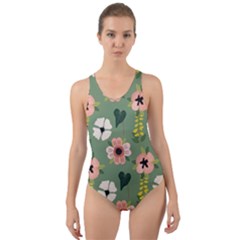 Flower Green Pink Pattern Floral Cut-out Back One Piece Swimsuit