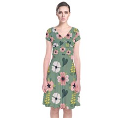 Flower Green Pink Pattern Floral Short Sleeve Front Wrap Dress by anzea