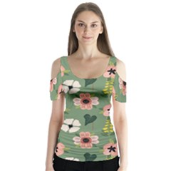 Flower Green Pink Pattern Floral Butterfly Sleeve Cutout T-shirt 