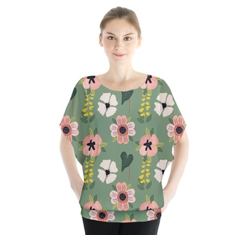 Flower Green Pink Pattern Floral Batwing Chiffon Blouse by anzea