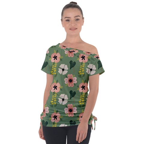 Flower Green Pink Pattern Floral Off Shoulder Tie-up T-shirt by anzea