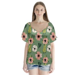 Flower Green Pink Pattern Floral V-neck Flutter Sleeve Top