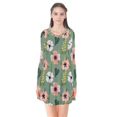 Flower Green Pink Pattern Floral Long Sleeve V-neck Flare Dress