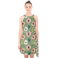 Flower Green Pink Pattern Floral Halter Collar Waist Tie Chiffon Dress