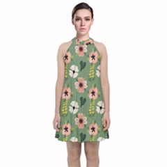 Flower Green Pink Pattern Floral Velvet Halter Neckline Dress 