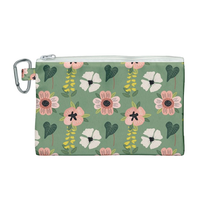 Flower Green Pink Pattern Floral Canvas Cosmetic Bag (Medium)