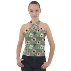 Flower Green Pink Pattern Floral Cross Neck Velour Top