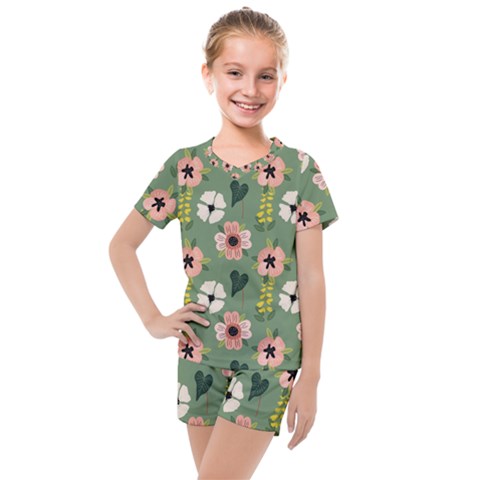 Flower Green Pink Pattern Floral Kids  Mesh T-shirt And Shorts Set by anzea