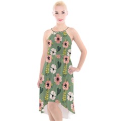 Flower Green Pink Pattern Floral High-low Halter Chiffon Dress  by anzea