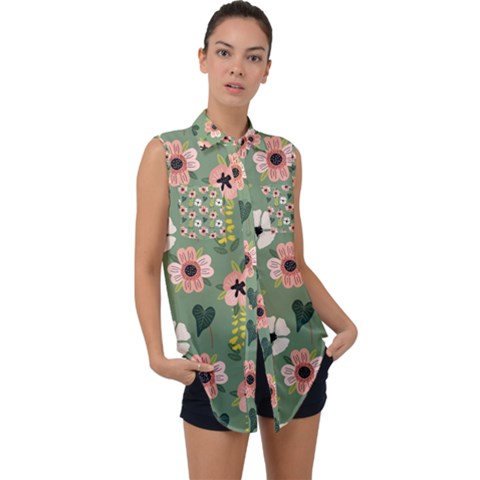 Flower Green Pink Pattern Floral Sleeveless Chiffon Button Shirt by anzea