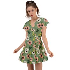 Flower Green Pink Pattern Floral Flutter Sleeve Wrap Dress by anzea