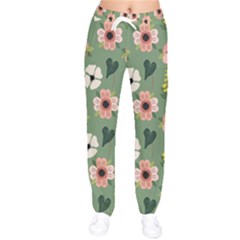 Flower Green Pink Pattern Floral Women Velvet Drawstring Pants