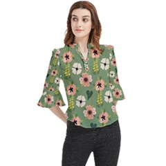 Flower Green Pink Pattern Floral Loose Horn Sleeve Chiffon Blouse