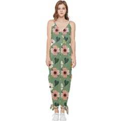 Flower Green Pink Pattern Floral Sleeveless Tie Ankle Chiffon Jumpsuit