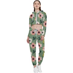 Flower Green Pink Pattern Floral Cropped Zip Up Lounge Set