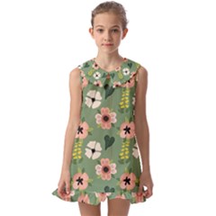 Flower Green Pink Pattern Floral Kids  Pilgrim Collar Ruffle Hem Dress by anzea