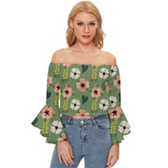 Flower Green Pink Pattern Floral Off Shoulder Flutter Bell Sleeve Top