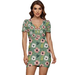 Flower Green Pink Pattern Floral Low Cut Cap Sleeve Mini Dress by anzea