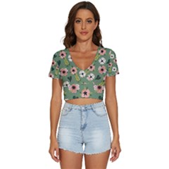 Flower Green Pink Pattern Floral V-neck Crop Top