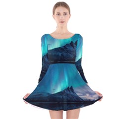 Aurora Borealis Mountain Reflection Long Sleeve Velvet Skater Dress