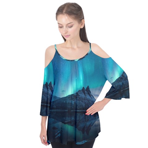 Aurora Borealis Mountain Reflection Flutter Sleeve T-shirt by Grandong