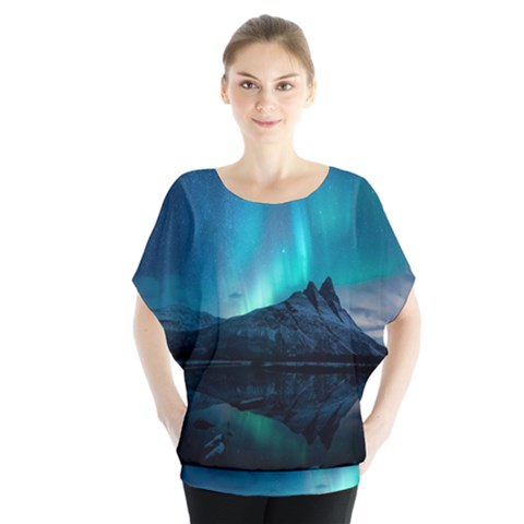 Aurora Borealis Mountain Reflection Batwing Chiffon Blouse by Grandong