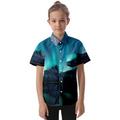 Aurora Borealis Mountain Reflection Kids  Short Sleeve Shirt by Grandong