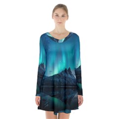 Aurora Borealis Mountain Reflection Long Sleeve Velvet V-neck Dress