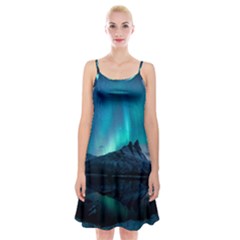 Aurora Borealis Mountain Reflection Spaghetti Strap Velvet Dress